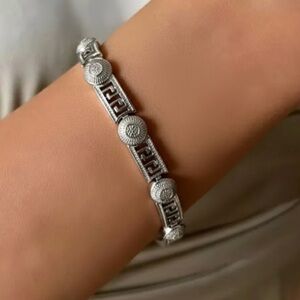 Greek Key Platinum Plated Bracelet Statement Dainty Silver Tone Waterproof
